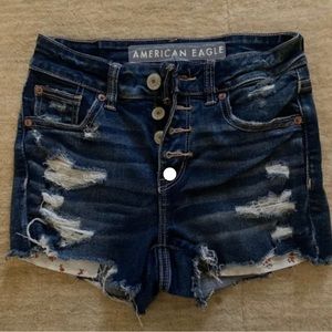 American Eagle distressed, dark wash shorts